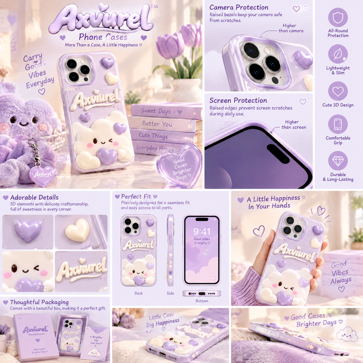 Axvurel™ Lilac Kawaii Cloud Character Case — features