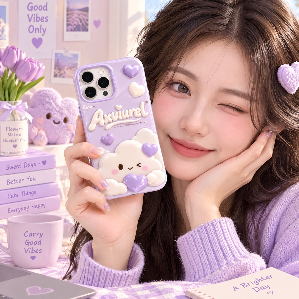 Axvurel™ Lilac Kawaii Cloud Character Case — everyday styling