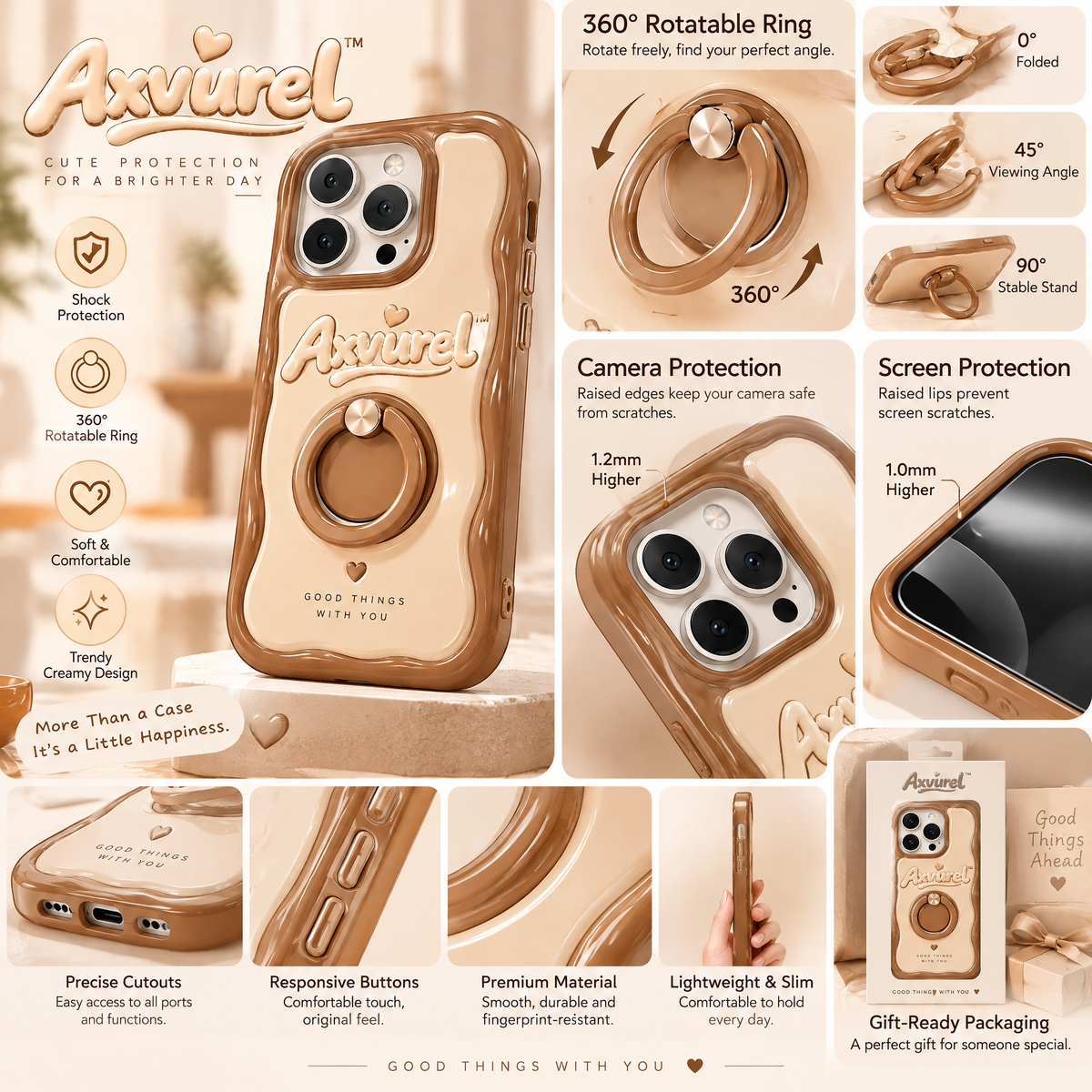 Axvurel™ Cream & Mocha 360° Ring Stand Case — product details