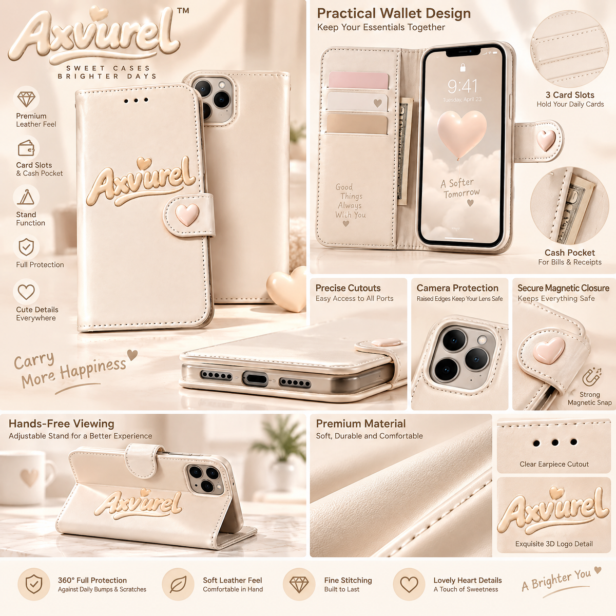 Axvurel™ Cream Wallet Folio Phone Case — features