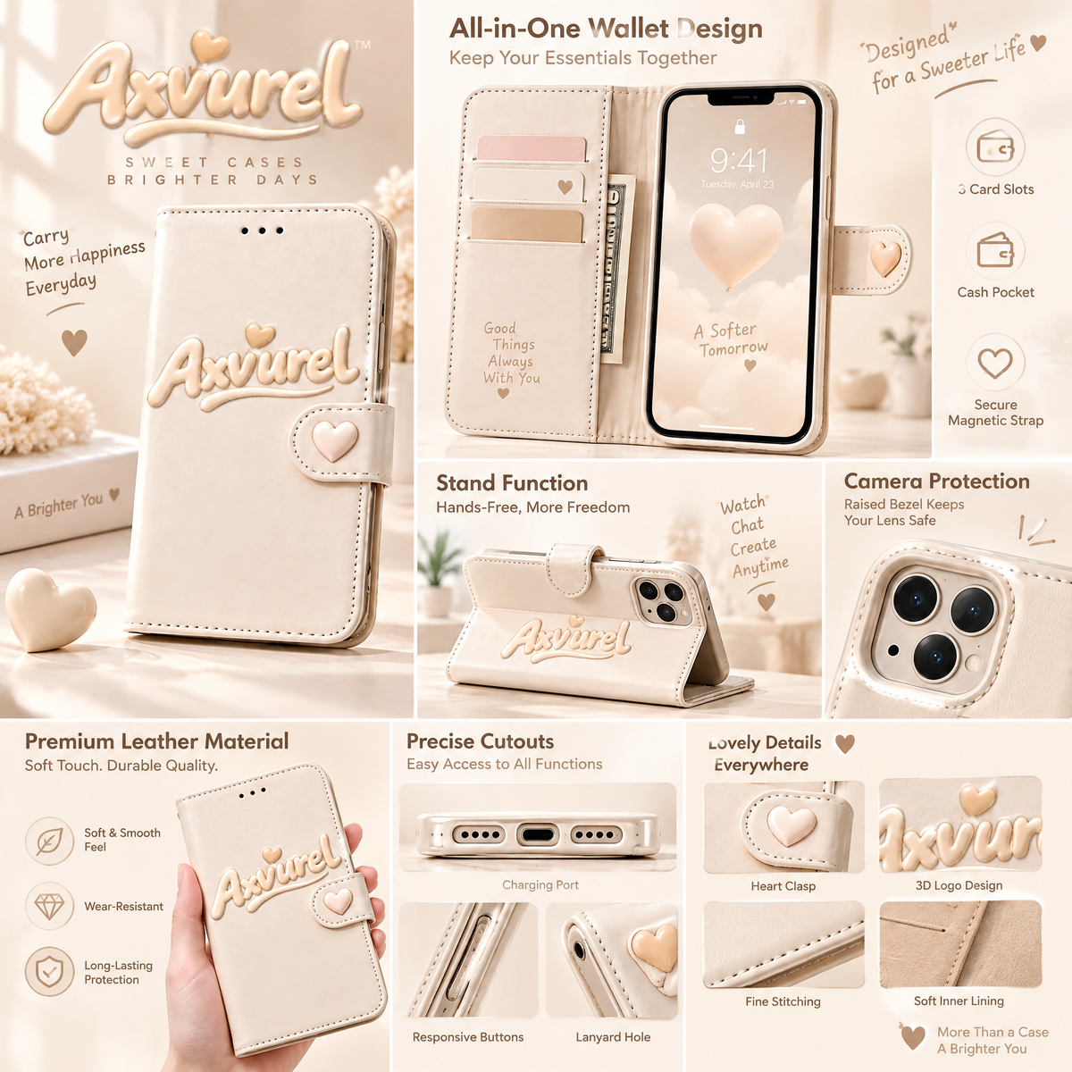 Axvurel™ Cream Wallet Folio Phone Case — product details