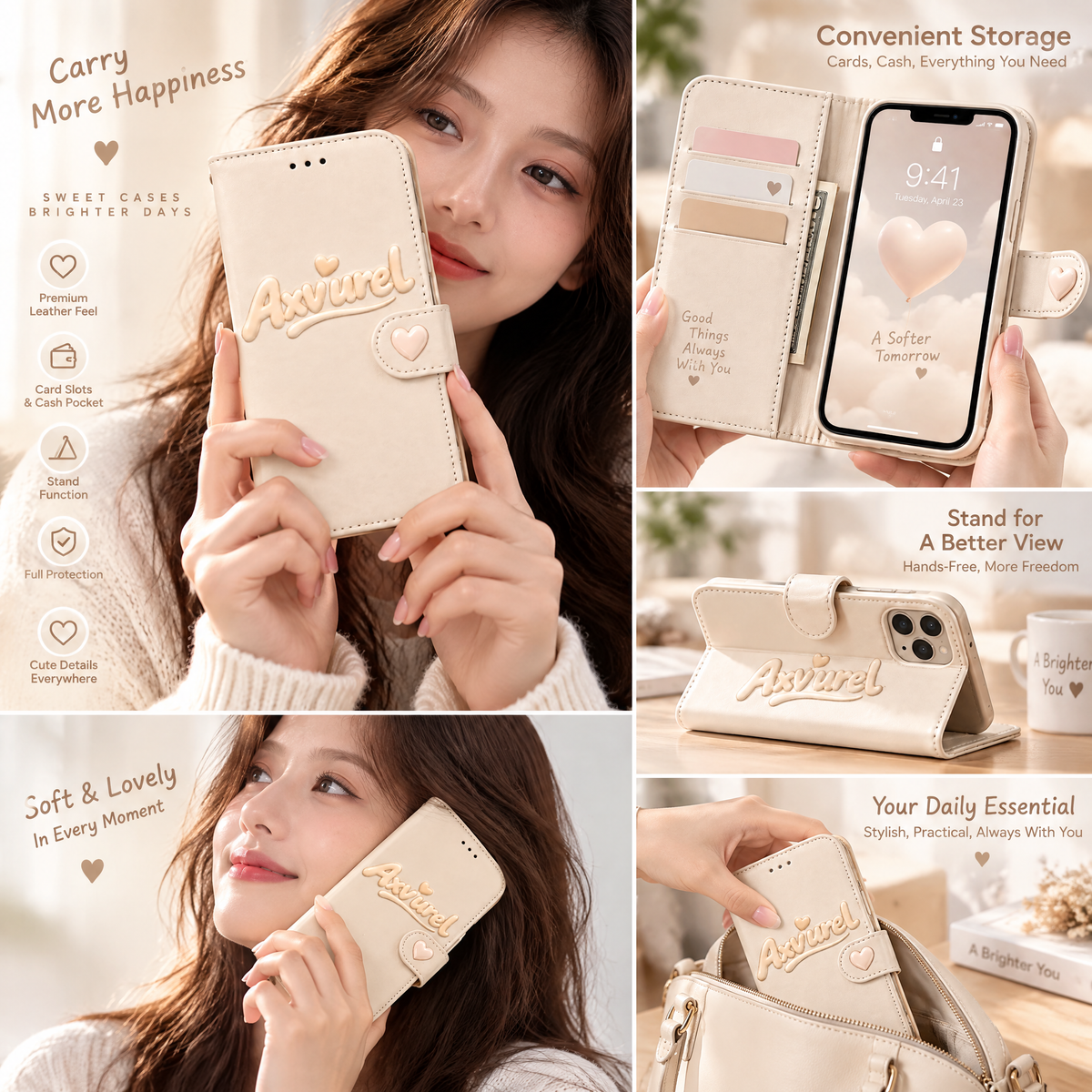 Axvurel™ Cream Wallet Folio Phone Case — everyday styling