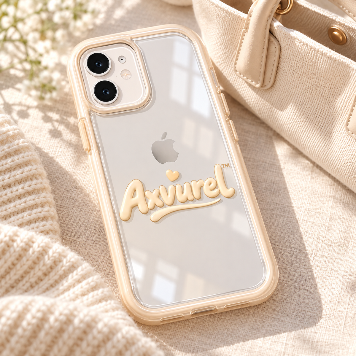 Axvurel™ Champagne Clear Everyday Case — AI-assisted styling illustration