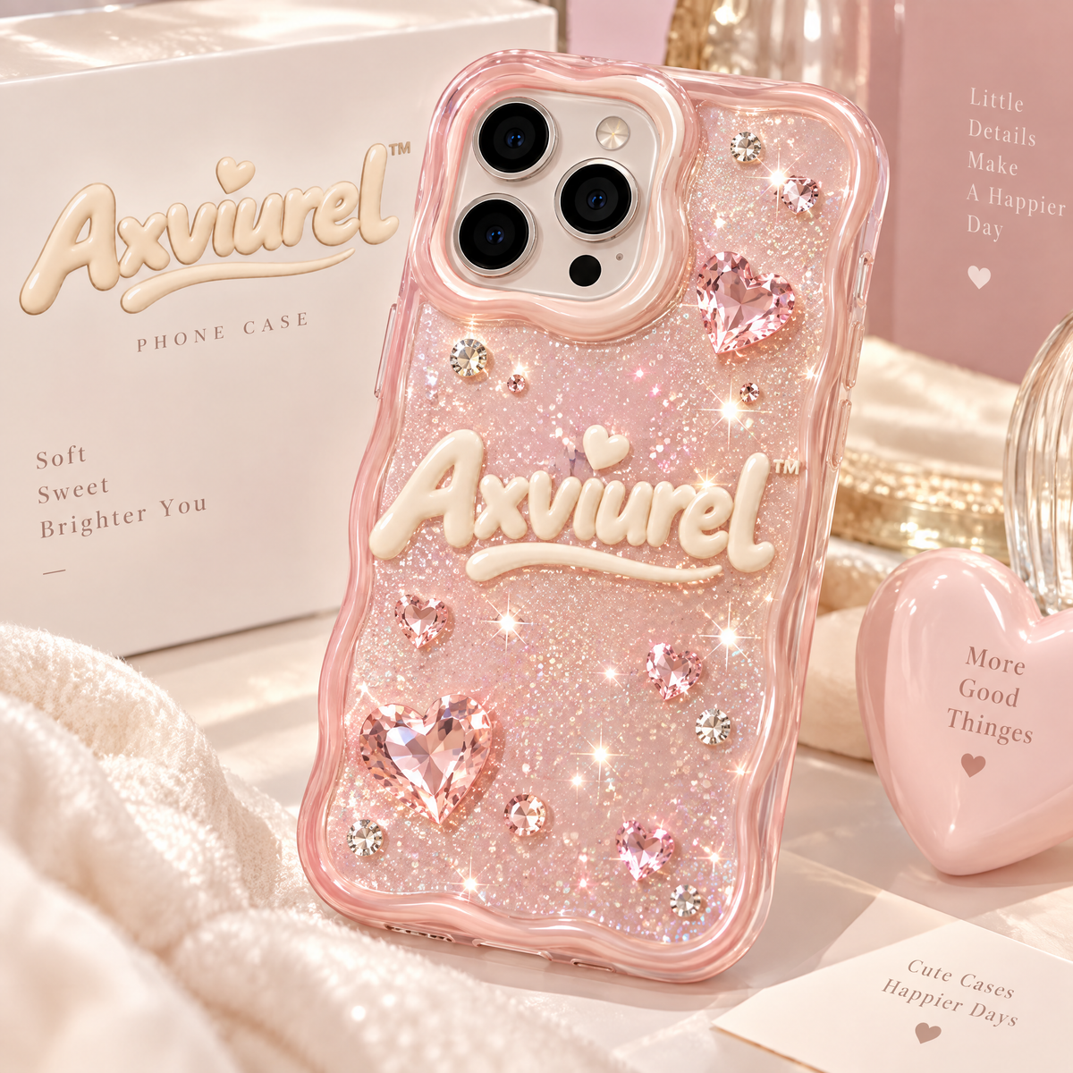 Axvurel™ Pink Crystal Heart Glitter Case — main design