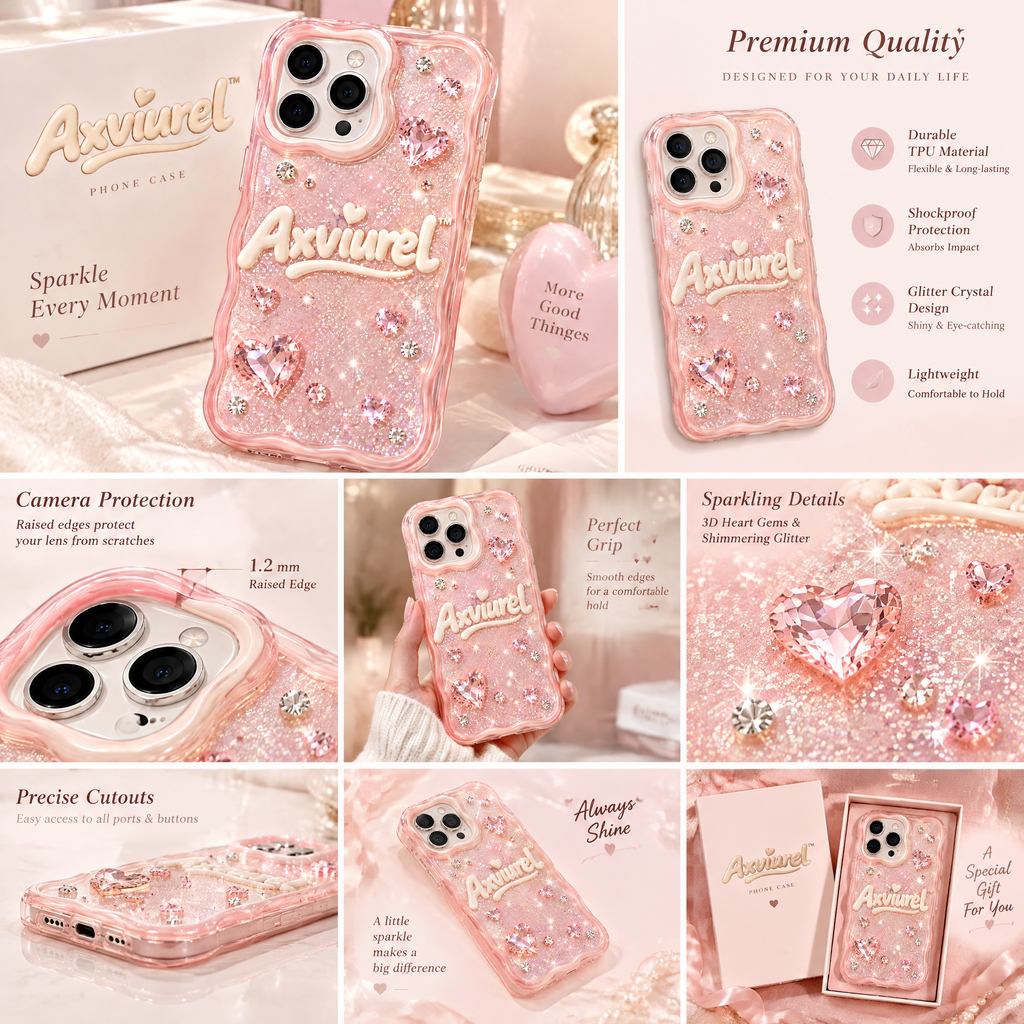 Axvurel™ Pink Crystal Heart Glitter Case — features