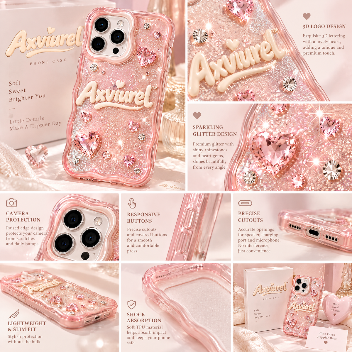 Axvurel™ Pink Crystal Heart Glitter Case — product details